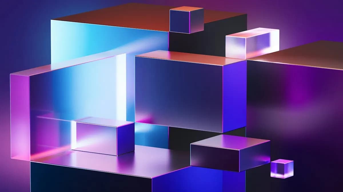 Glowing blue and purple 3D glass cubes floating in a dark space, the look used in 3D motion graphics