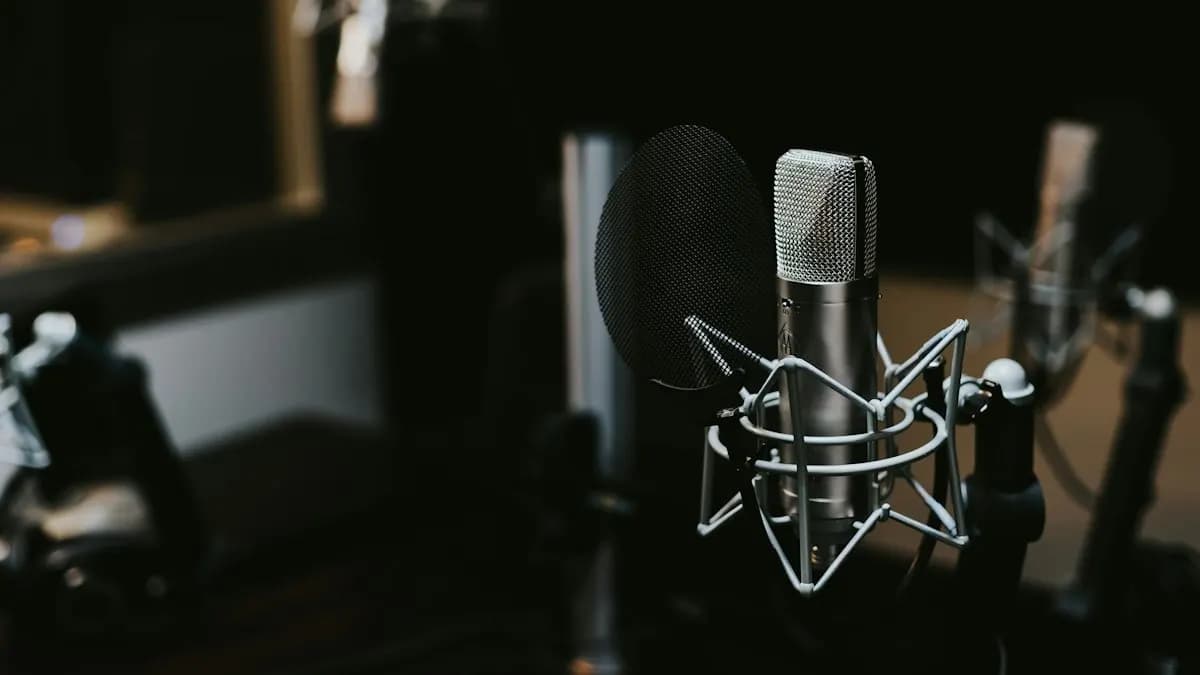 Studio condenser microphone in a shock mount in a dark recording room