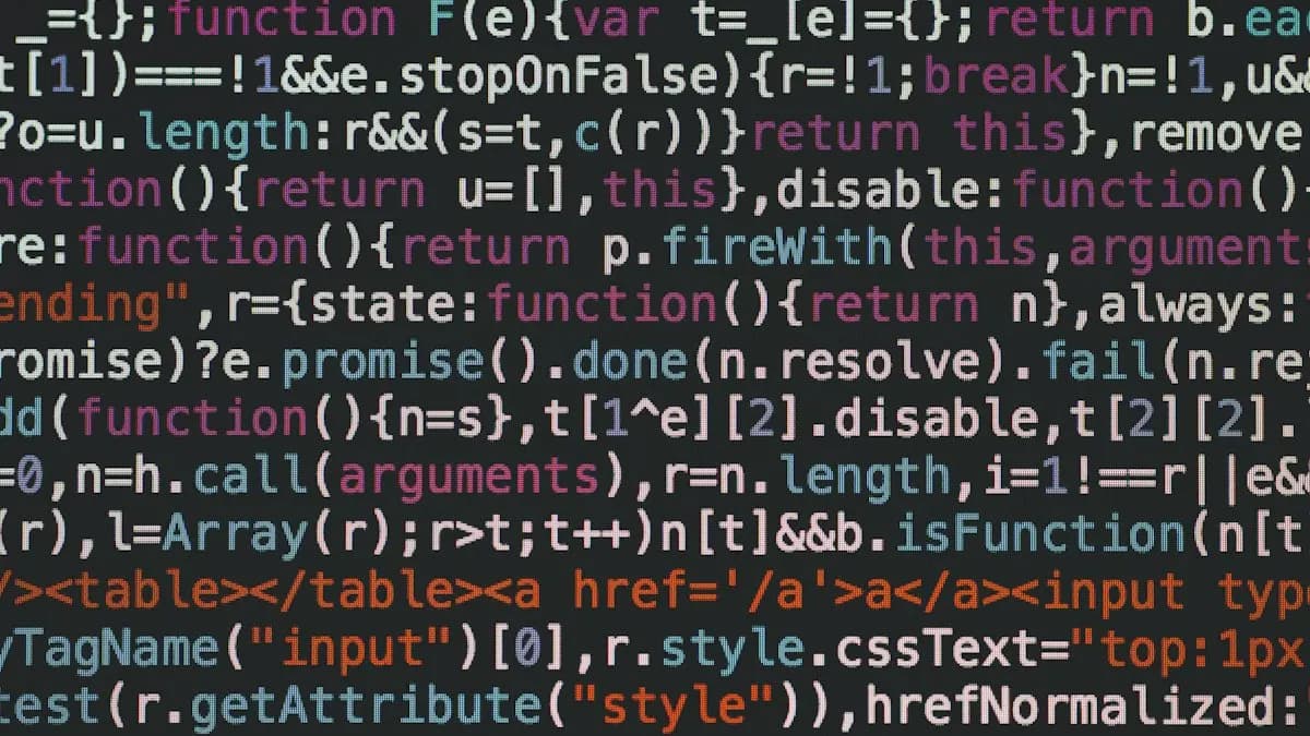 Lines of colourful JavaScript code on a dark computer screen