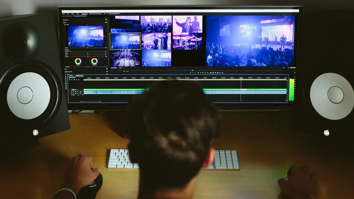 Editor at a desk between two studio speakers working on a video timeline with the keyboard and mouse