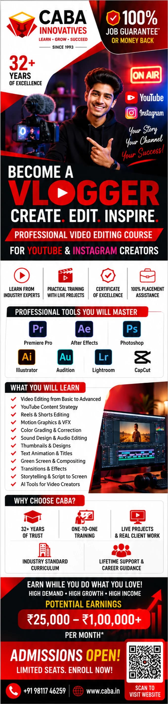 Professional video editing course for YouTube and Instagram creators at CABA Innovatives