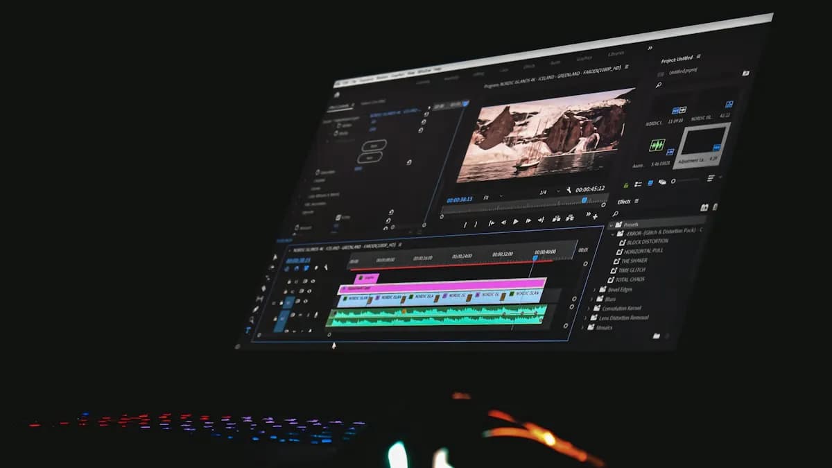 A video editing timeline with colour-coded clips on a large monitor in a dark editing room