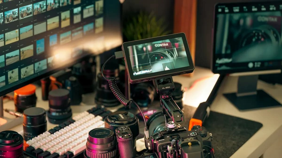 Video editing desk with a camera rig, lenses and monitors showing footage and an editing timeline