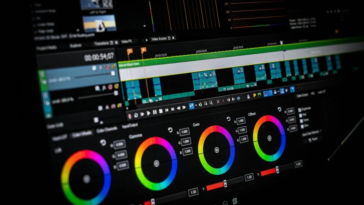 DaVinci Resolve style colour grading screen with colour wheels below a video timeline