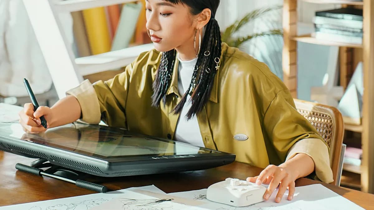 Young graphic designer sketching on a large pen display tablet at a studio desk