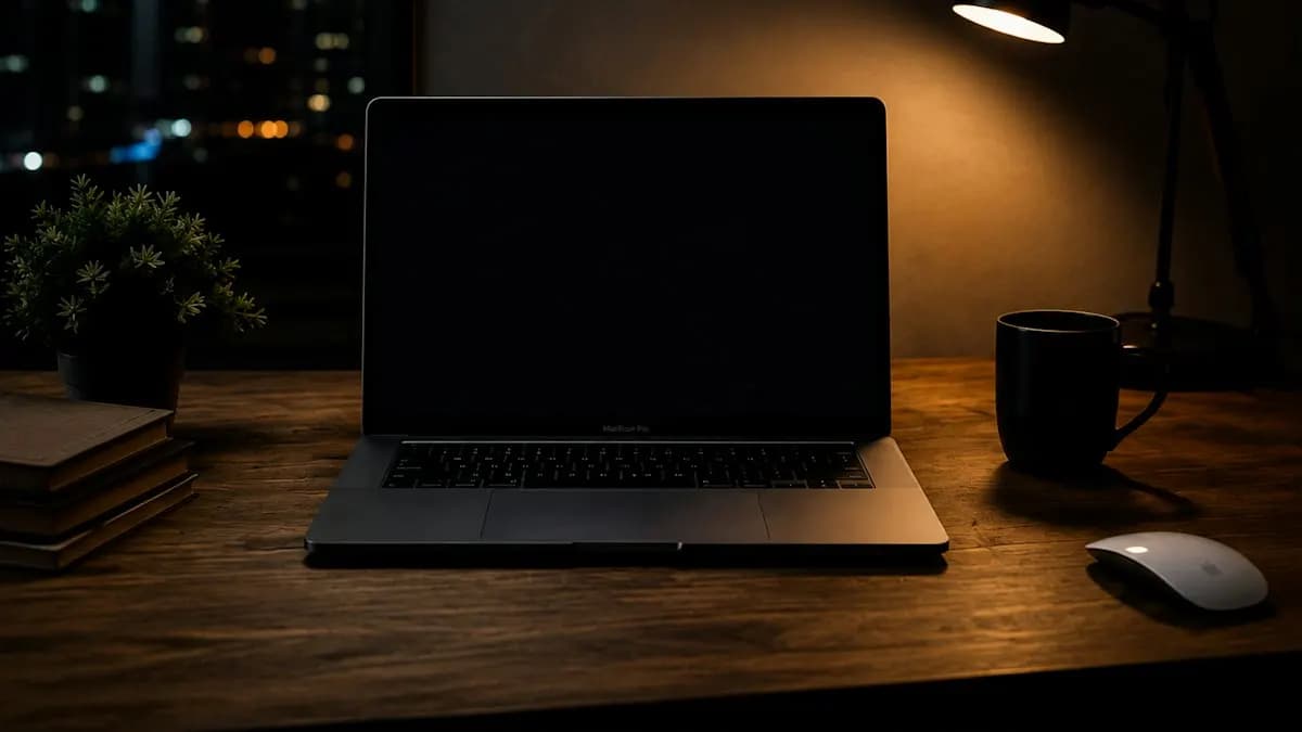 Laptop on a wooden desk at night with a desk lamp and city lights, ready for an evening design class