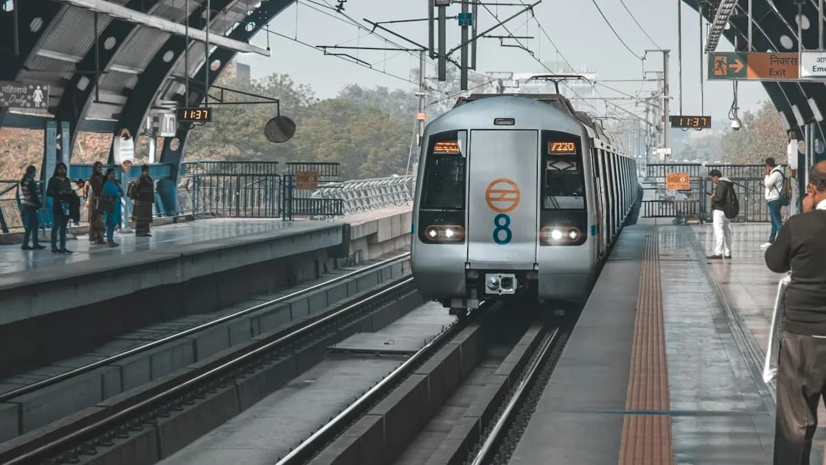 Delhi Metro train arriving at a raised outdoor station as students travel to a graphic design course
