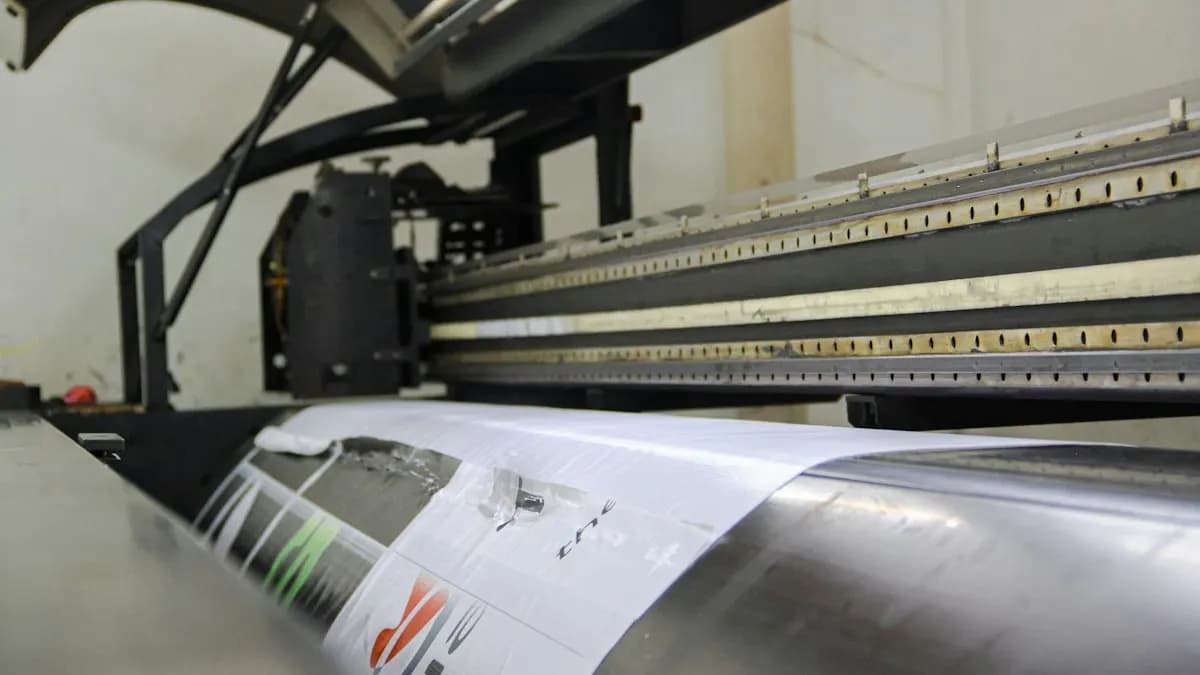 Large format printer running a long printed banner at a print shop