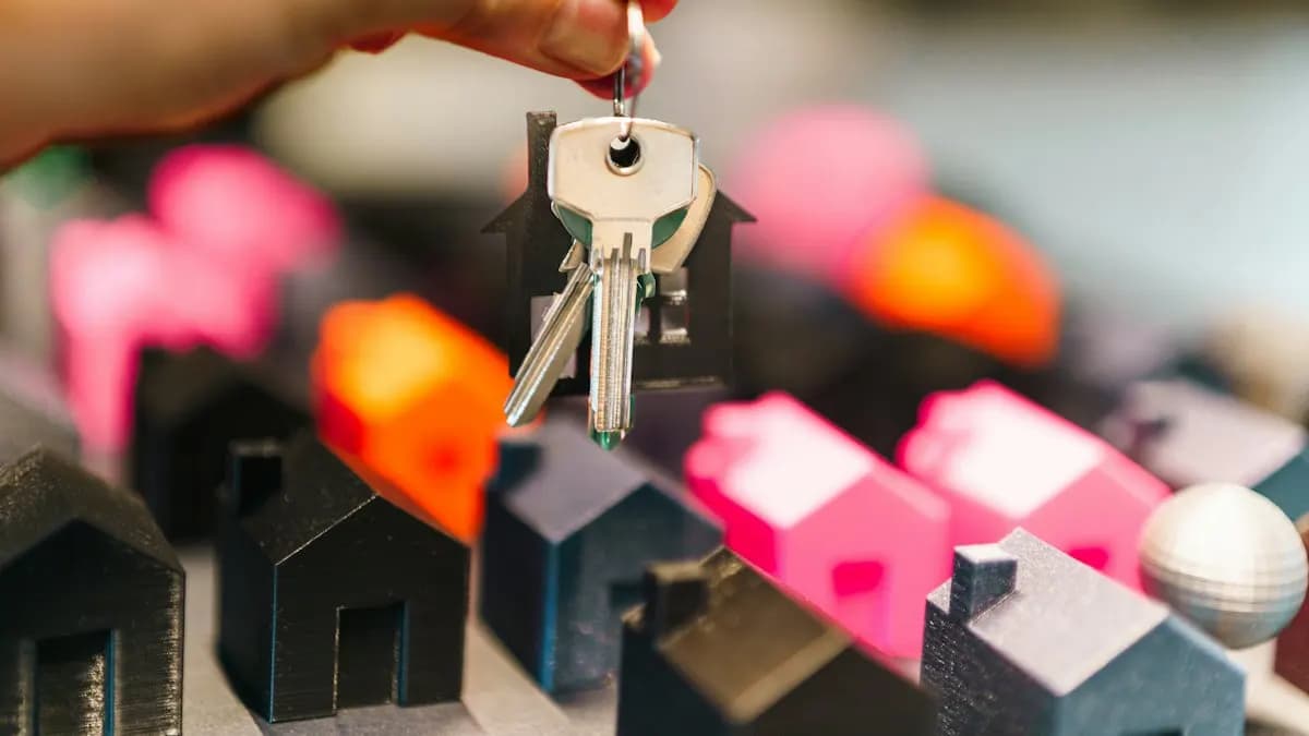 Hand holding a bunch of house keys above small coloured model houses