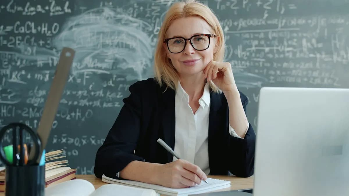 Teacher smiling at her desk with a laptop and notebook in front of a classroom chalkboard