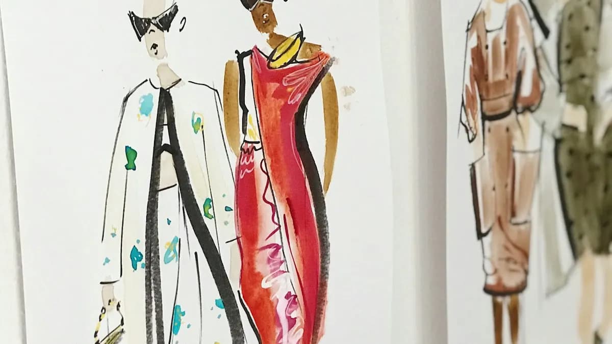 Hand-drawn fashion illustration sketches of outfits pinned on a white wall