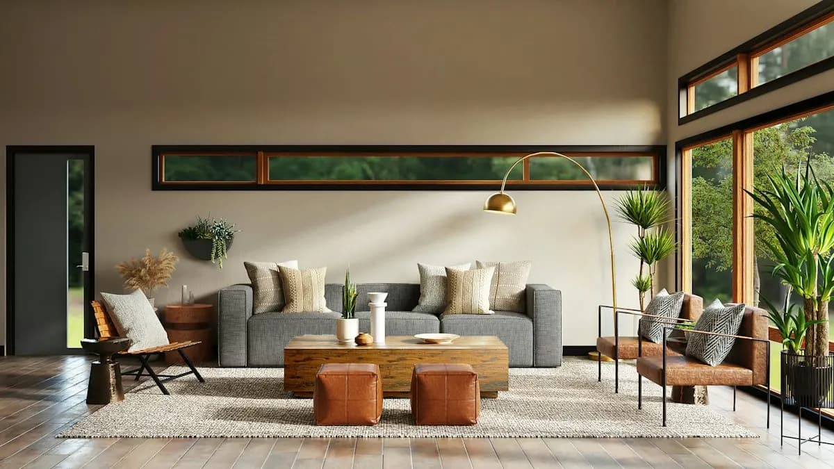 Bright modern living room with grey sofa, wooden coffee table and indoor plants
