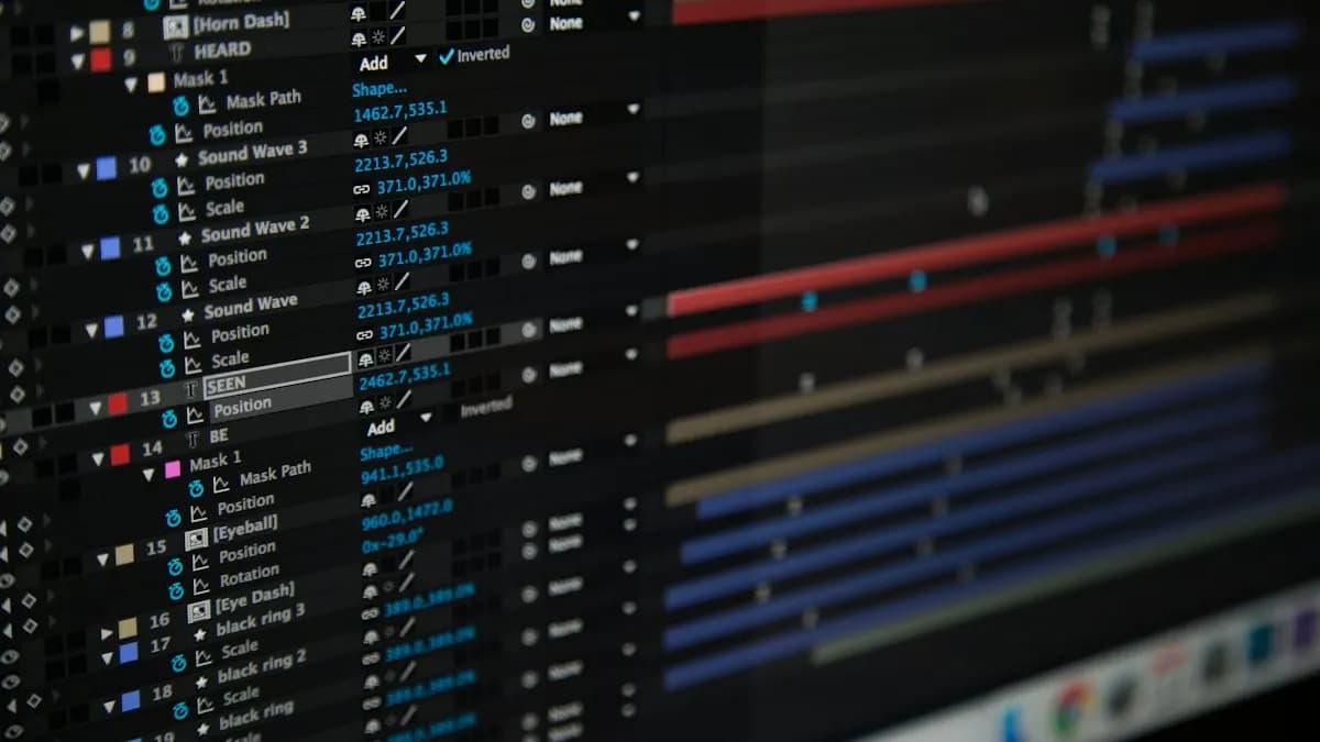 After Effects style layer panel with keyframes and animation tracks on a computer screen