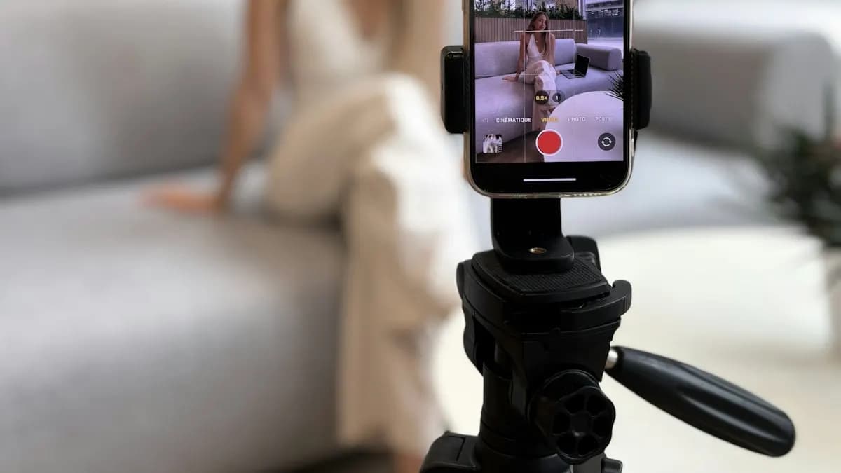 Smartphone on a tripod recording a short video for social media in a living room