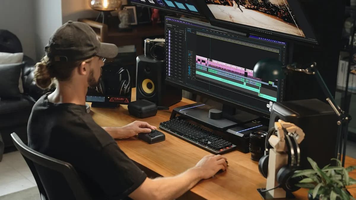 Video editor working on a Premiere Pro style timeline at a desk with studio speakers