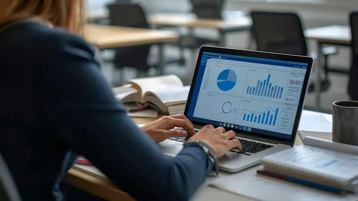 Woman at a desk working on a laptop showing blue charts and graphs