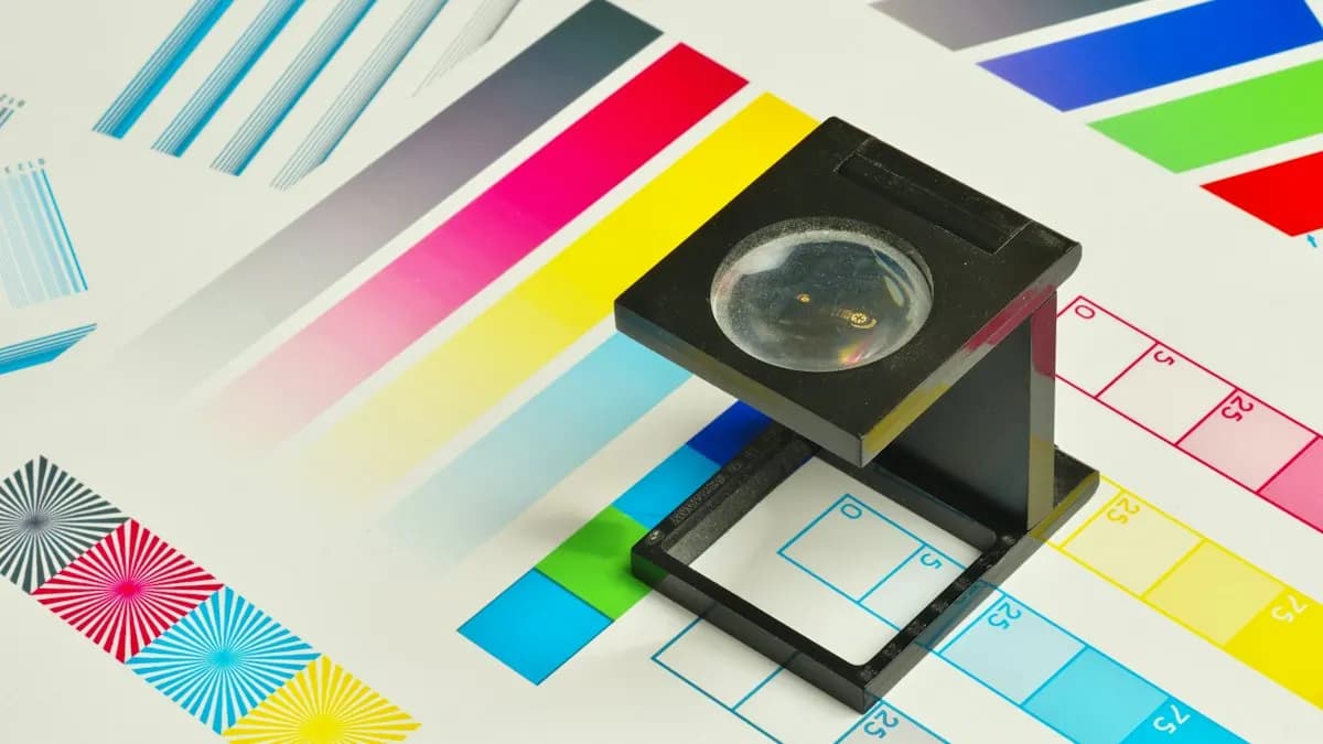 Printer's loupe on a CMYK colour test chart used to check print quality
