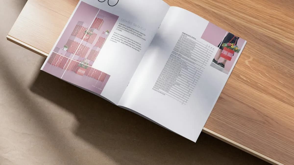 Open printed brochure with photos and text columns lying on a wooden desk