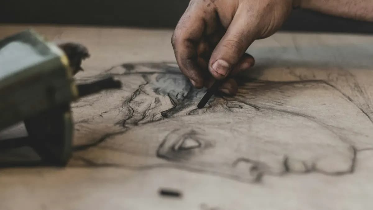 Close-up of a hand shading a charcoal sketch of a face on paper, an artist good at drawing