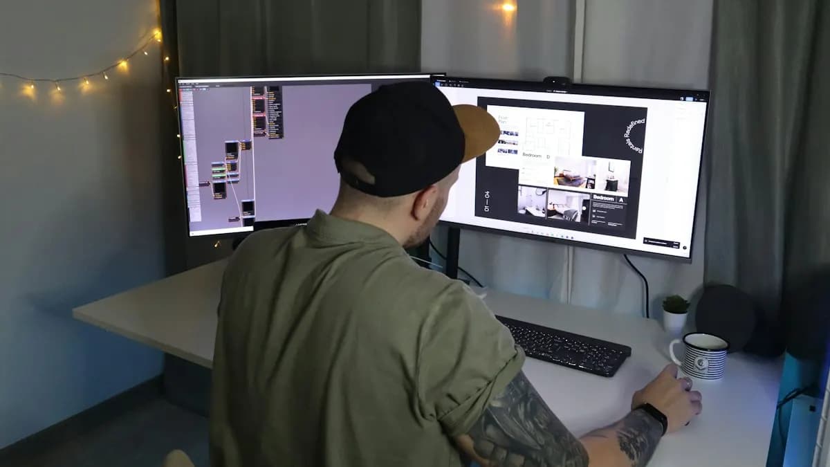 Motion designer in a cap working on a design layout across two large monitors