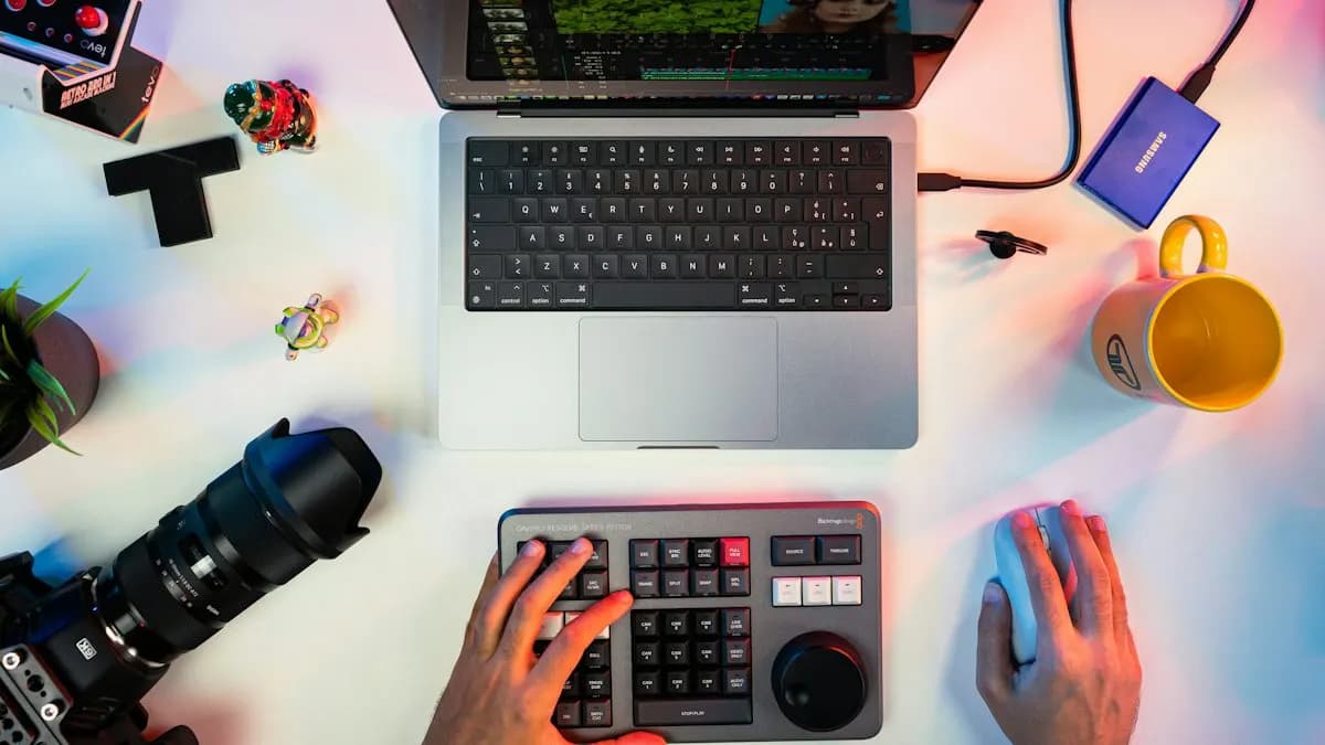 Editor's desk seen from above with a laptop, editing keypad, camera lens and mouse