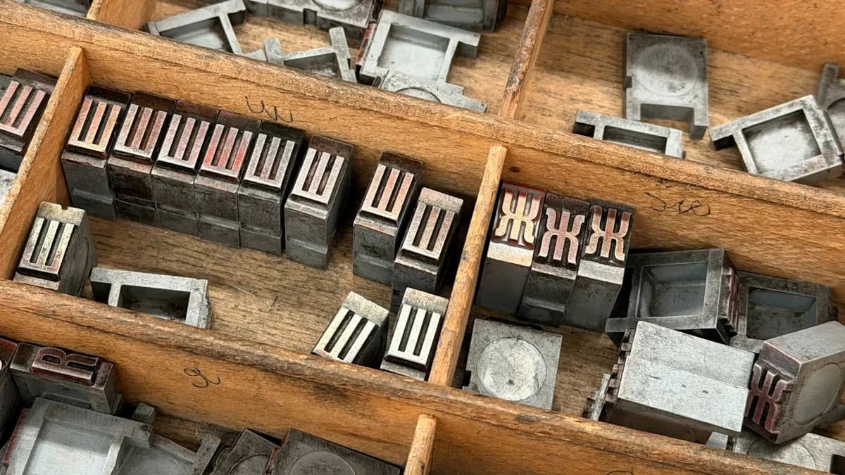 Wooden type case tray filled with old metal letter blocks used for typesetting