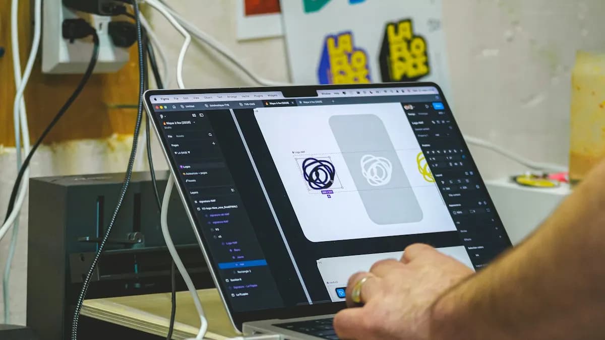 Designer working on a logo on a laptop screen in a small studio before animating it