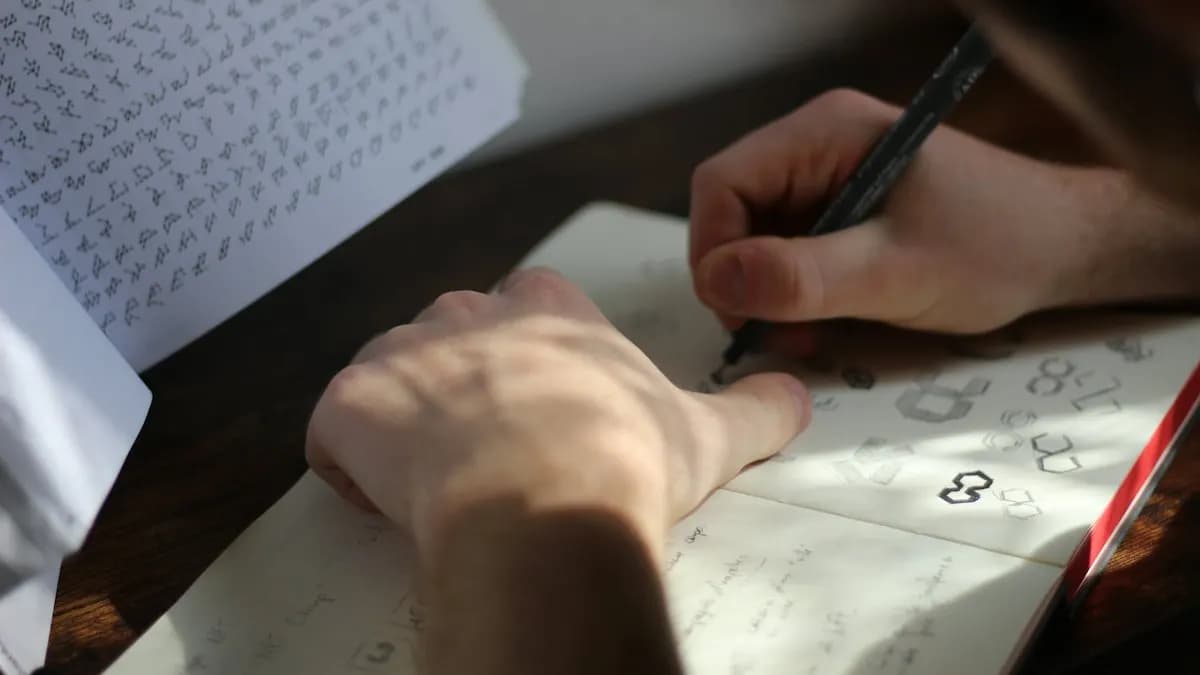 Designer sketching logo ideas with a pen in a notebook before building them in Illustrator