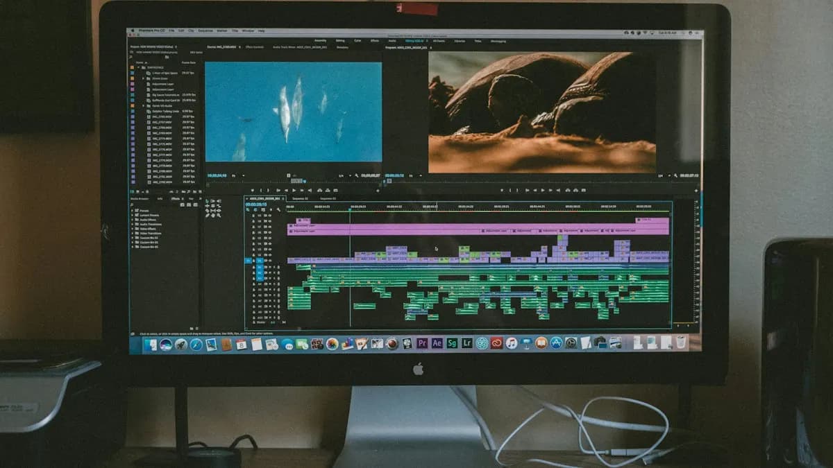Premiere Pro style editing timeline with video and audio tracks on a desktop monitor