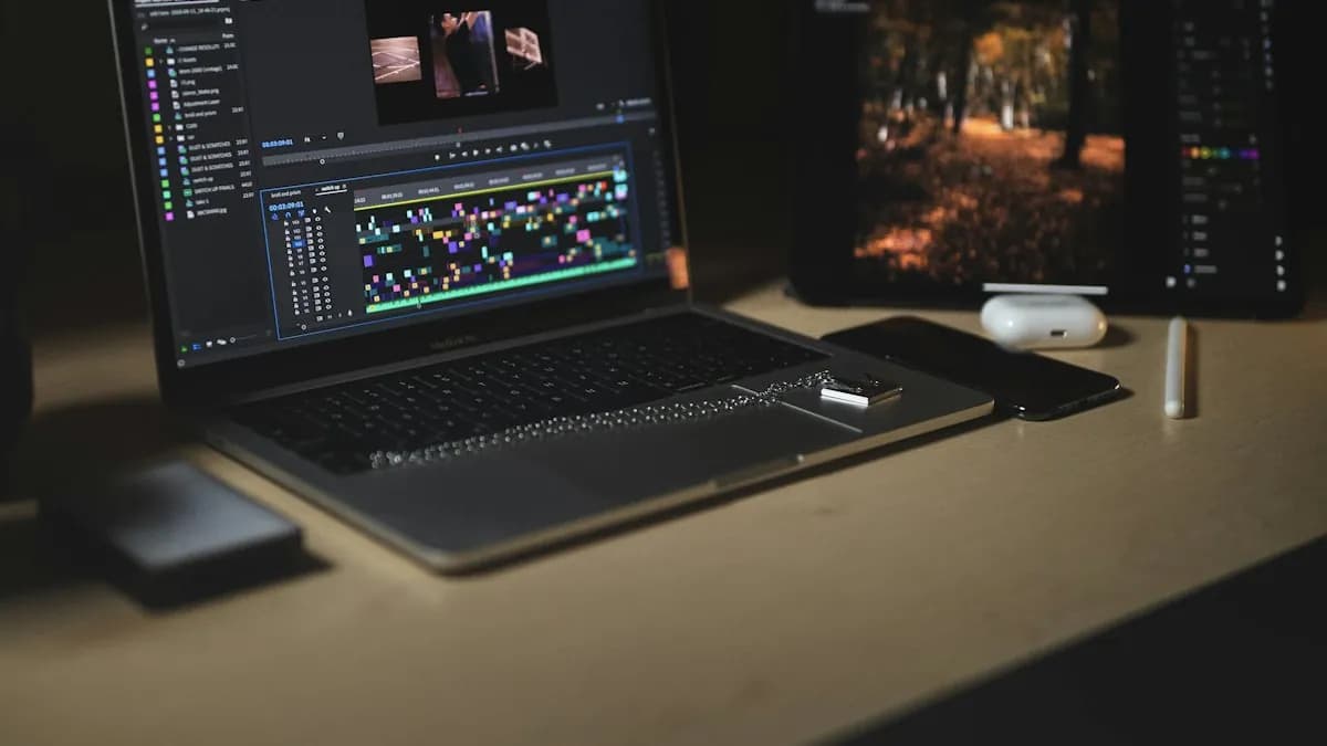 A laptop on a desk showing a video editing timeline