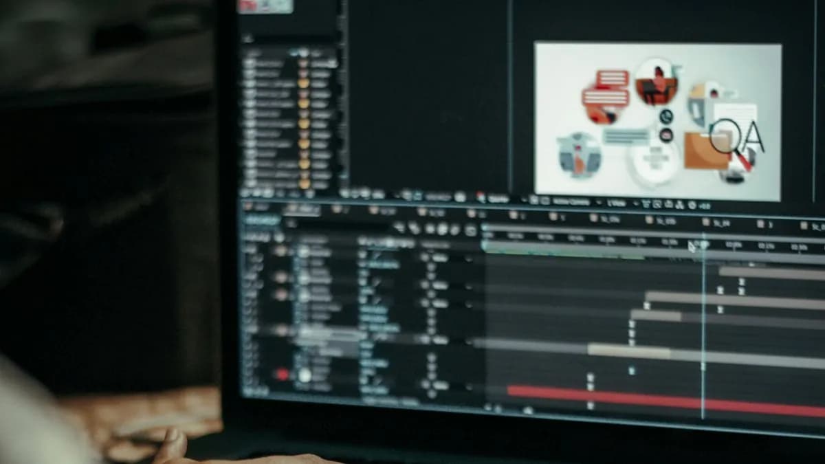 A motion designer working on animation software across two monitors