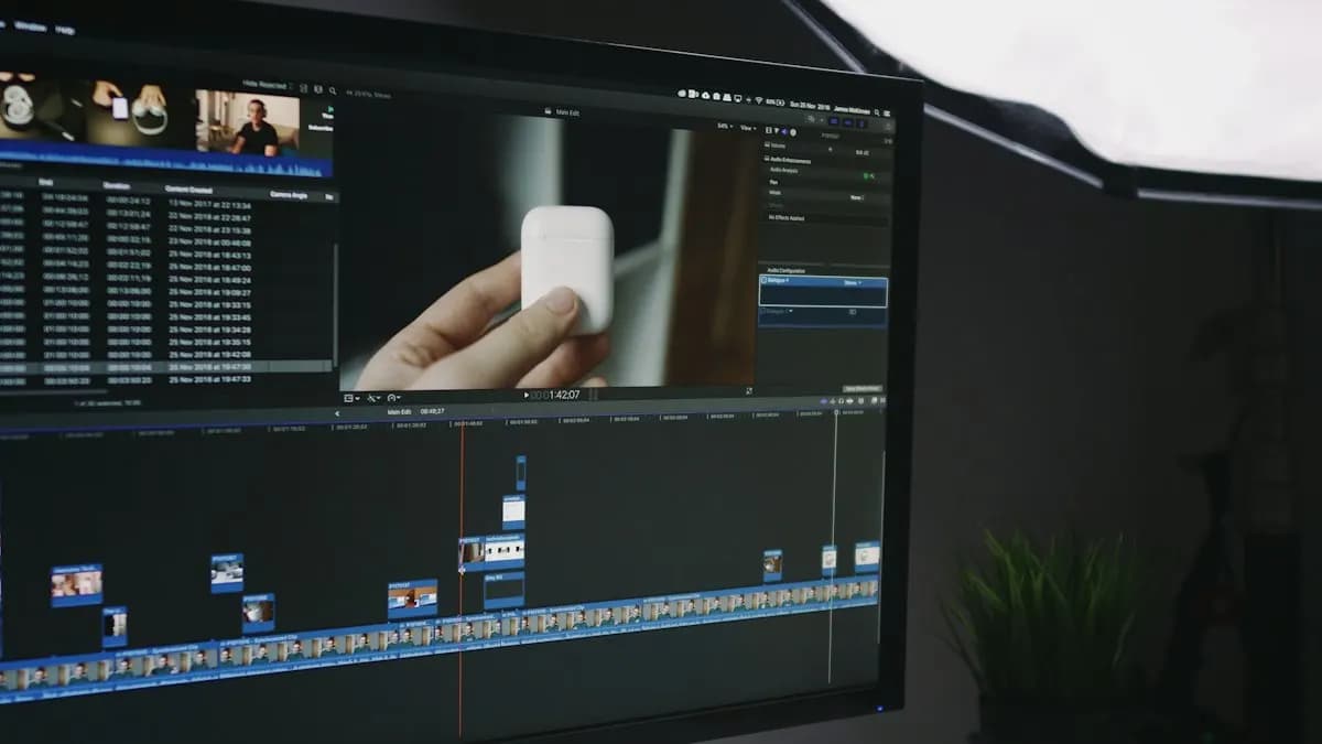 Monitor showing a video editing timeline with a hand holding a small product on screen
