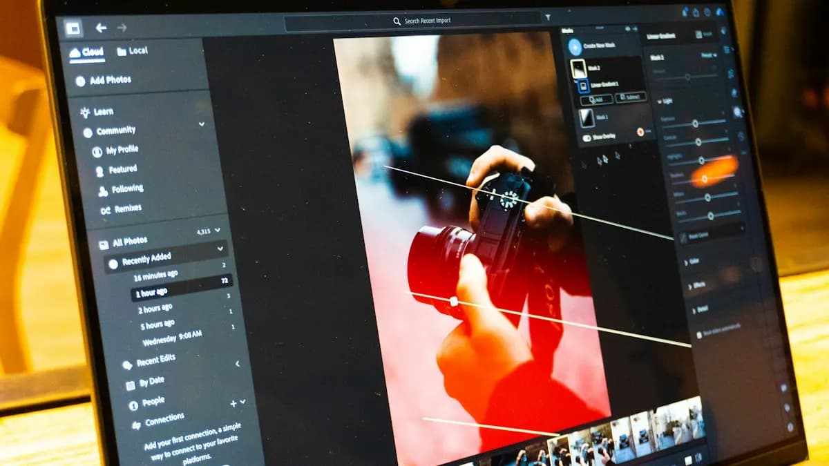 Laptop screen showing a photo being edited in image editing software with panels on both sides