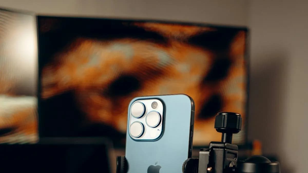 Smartphone mounted on a tripod in front of a screen, set up to shoot vertical video for Instagram Reels