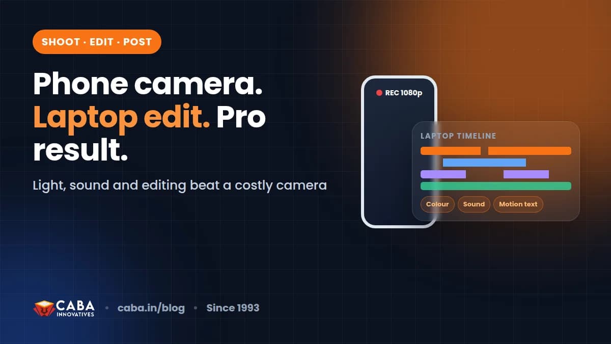 A smartphone on a small tripod recording a creator, and a basic laptop showing a video editing timeline with several layers