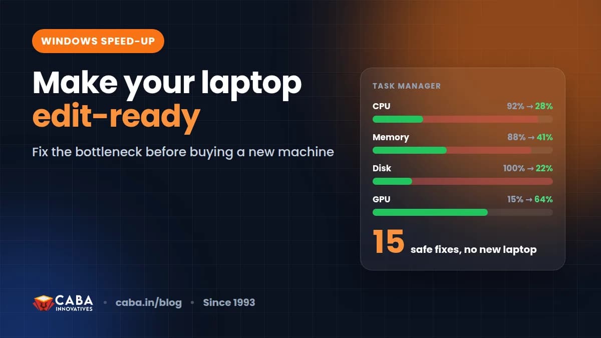 A Windows laptop with Task Manager open showing startup apps being disabled, next to an editing timeline playing smoothly