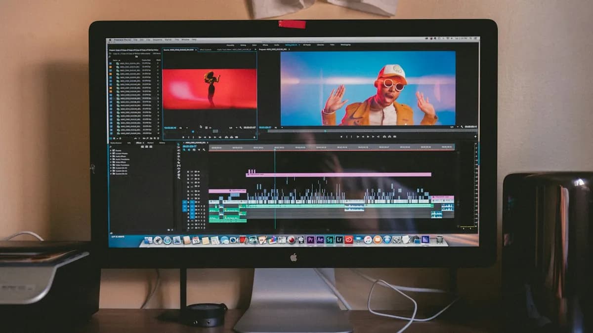 Editing workstation with a video timeline and colour panels on screen