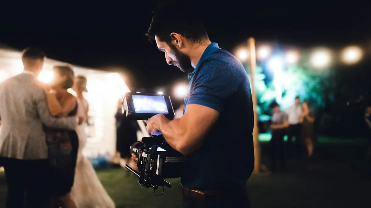 Videographer filming a couple with a camera on a gimbal at a night wedding