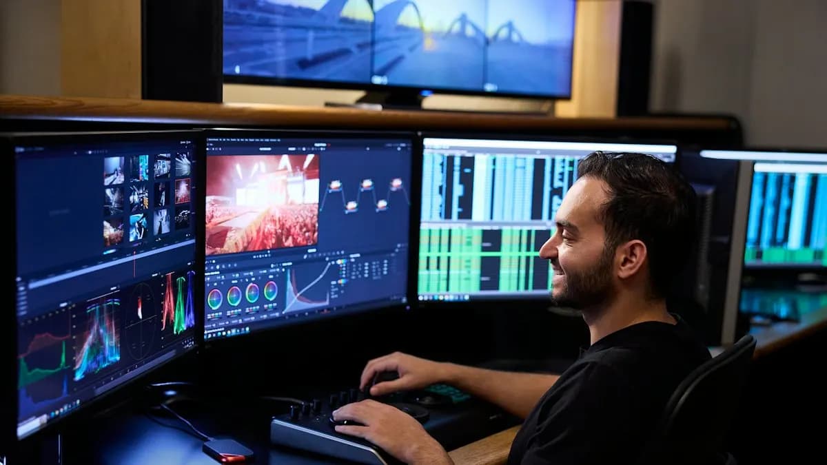 Motion graphics designer working at a desk with several monitors showing video and animation software