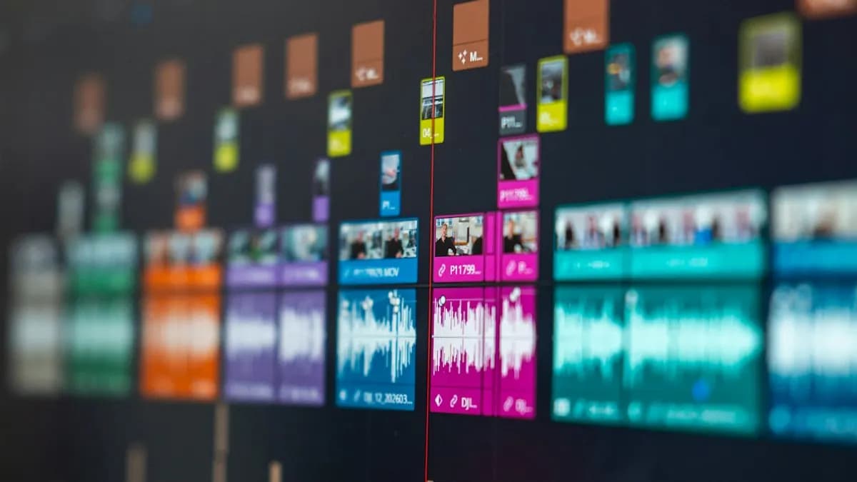 Colourful video editing timeline with clips and audio waveforms on a computer screen