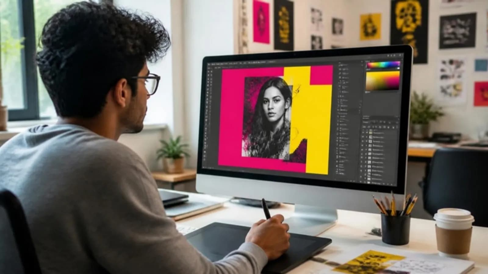 Graphic design student editing a poster in Photoshop at CABA Innovatives, Delhi