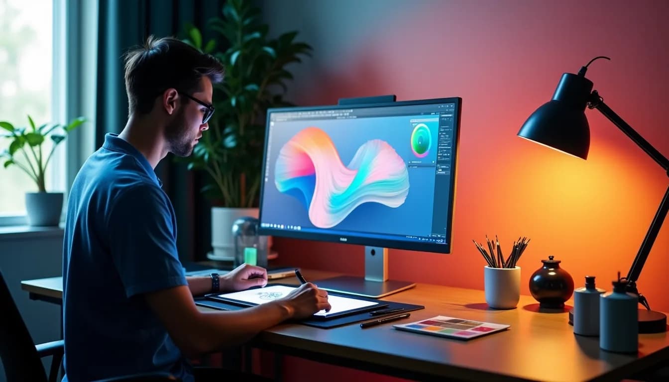 Student designing a poster on a computer during the 6-month graphic design course