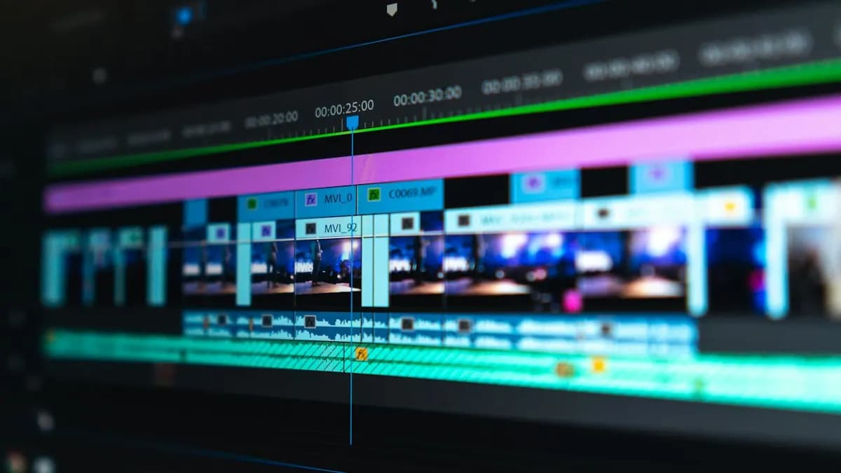 Colourful layered timeline of an animation project on a dark editing screen