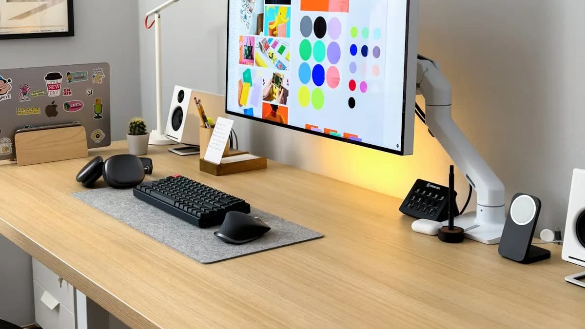 Designer's desk with a monitor showing colour swatches, a keyboard and a lamp in a bright studio