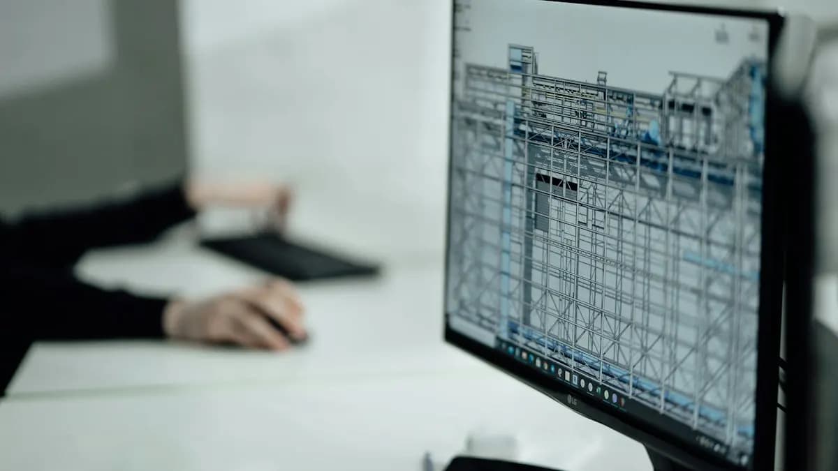 Designer at a desk working on a detailed floor plan drawing on a large monitor