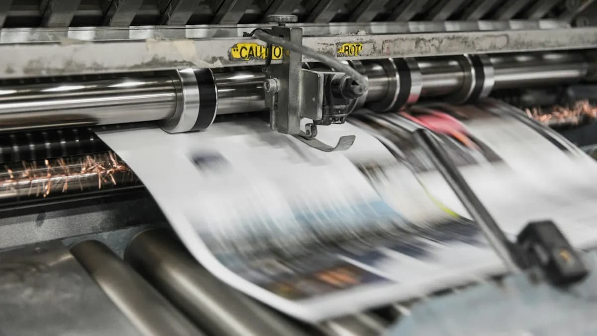 Printing press running sheets through rollers in a print shop where CorelDRAW files are printed