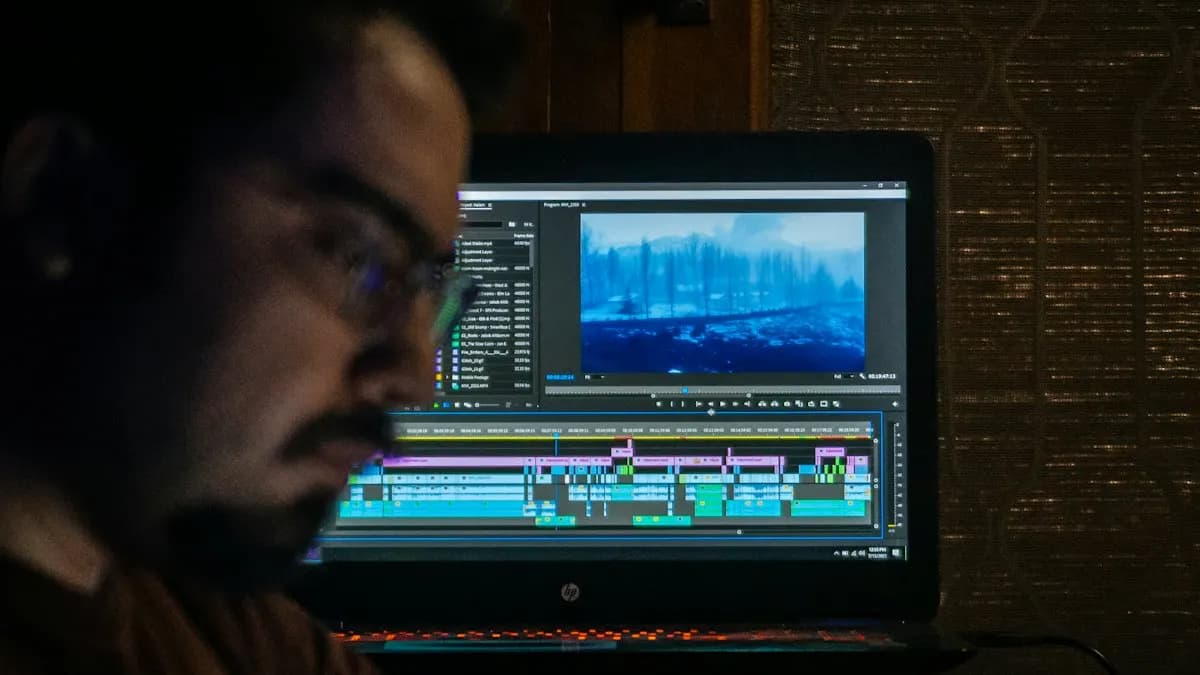 Video editor with glasses working on a Premiere Pro style timeline on a laptop at night