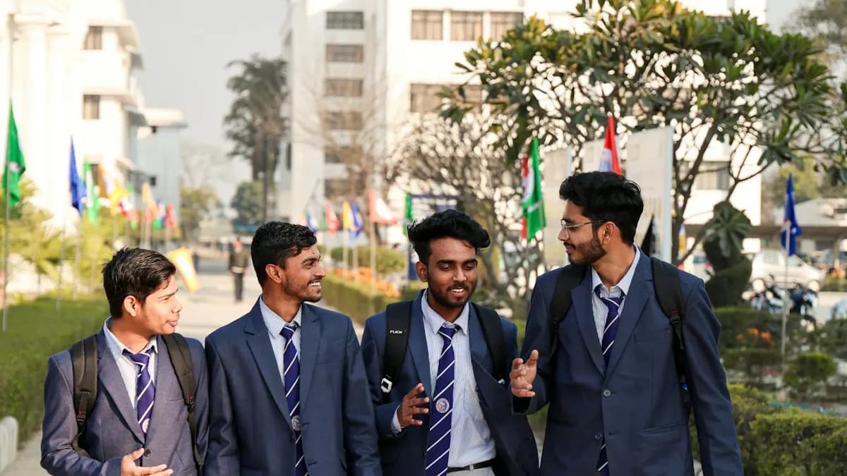 Four young Indian students in college blazers talking on campus after class, planning their course after 12th