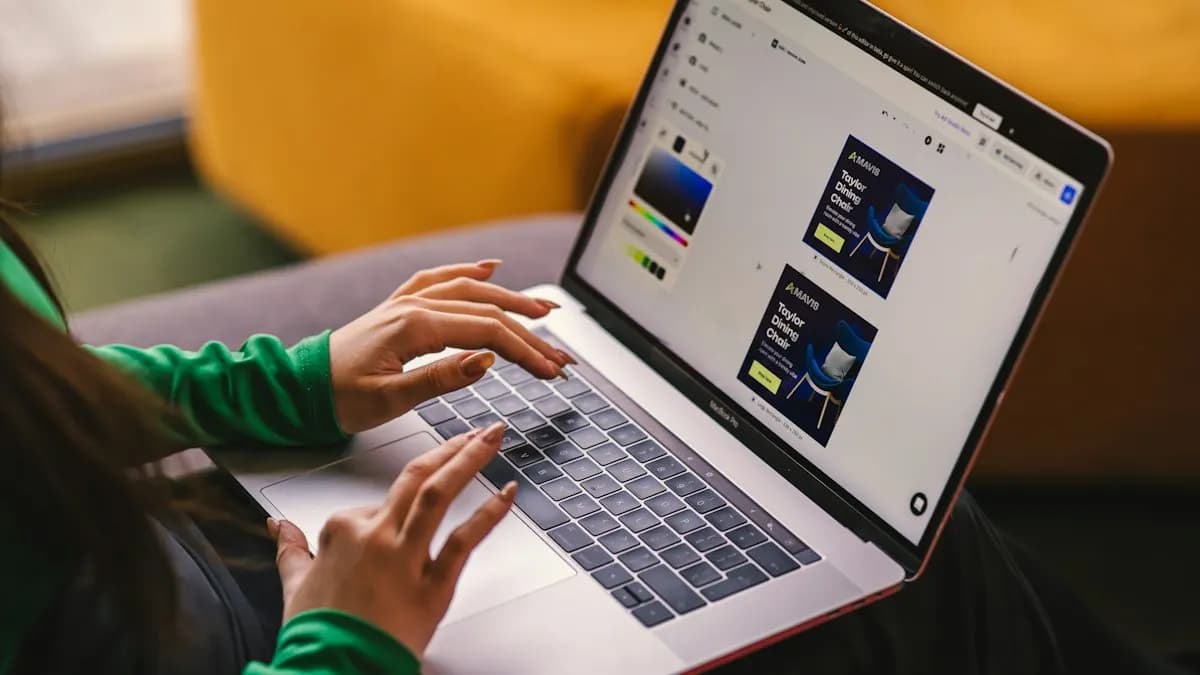 Student in a green sweater designing social media posts on a laptop during an online graphic design class