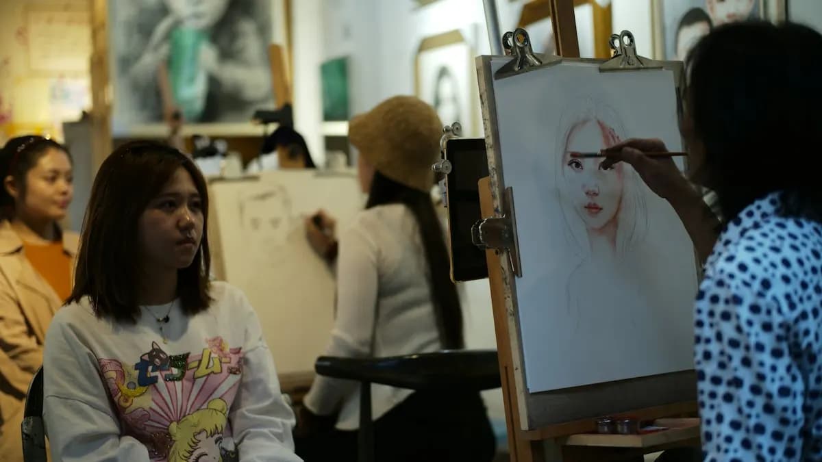 Art students sketching and painting portraits at easels in a studio class